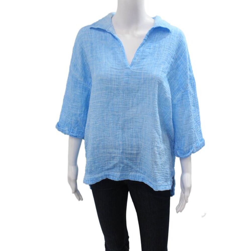 Zuny Women Light Blue V-Neck Cotton Tunic Blouse 3/4 Sleeve Beach Size One Size